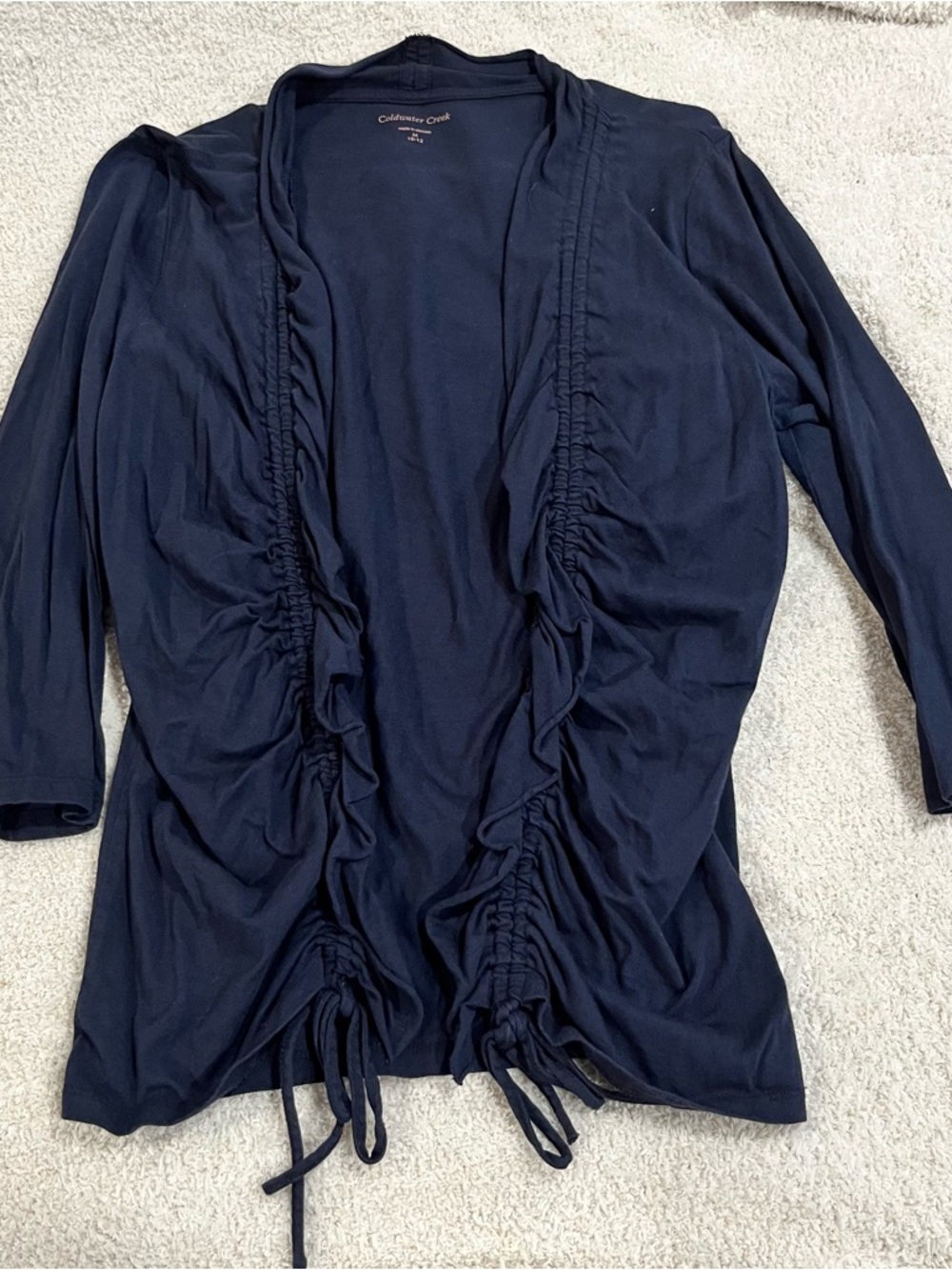 Coldwater Creek Navy Ruched Open Cardigan medium 3/4 sleeves